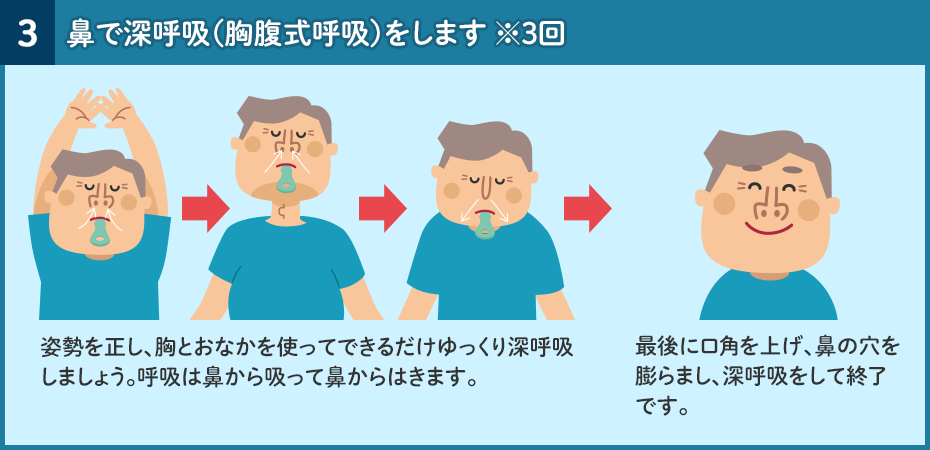 鼻で深呼吸（胸腹式呼吸）をします ※3回